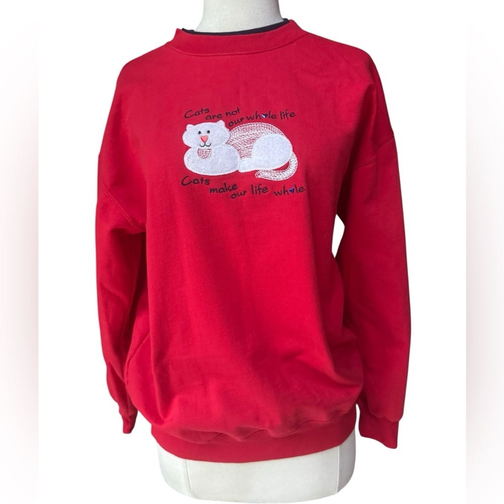 1990s M&C‎ Sportswear Embroidered Cat-Themed Crewneck Sweatshirt